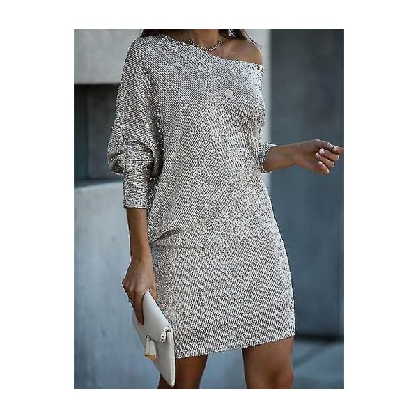 (White, L) Women's Party Dress Sequin Dress Holiday Dress Shift Dress Short Mini Dress White Black Gold Long Sleeve Pure Color Sequins Fall Spring One
