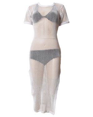 (White, L - XL) Ladies Maxi Dress Side Slit String Mesh Long Vest