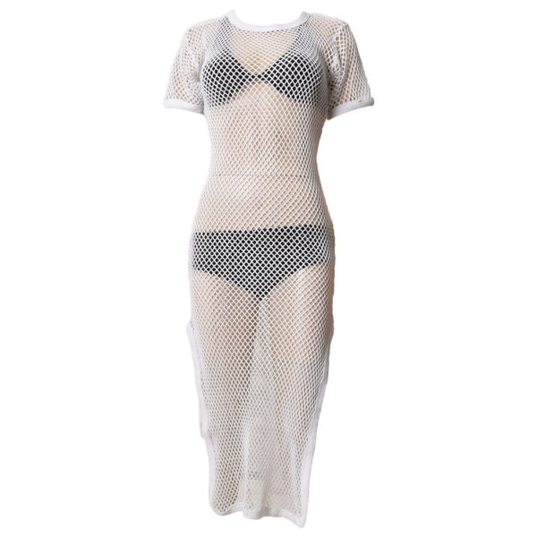 (White, L - XL) Ladies Maxi Dress Side Slit String Mesh Long Vest