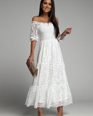 White Lace Dress Smock Off Shoulder Elegant Bohemian Long Dresses