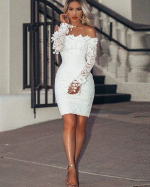 White Lace Dresses Bateau Neck Long Sleeves Lace Casual Summer Dresses Bodycon Dress