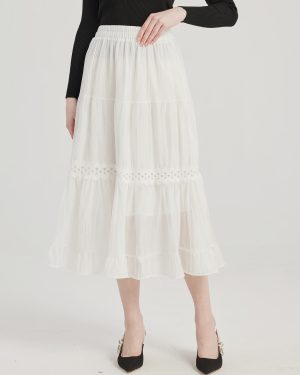 White Layered Skirt A-line Midi Skirt For Women 2025