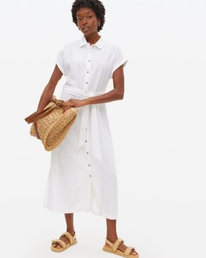 White Linen Blend Shirt Dress