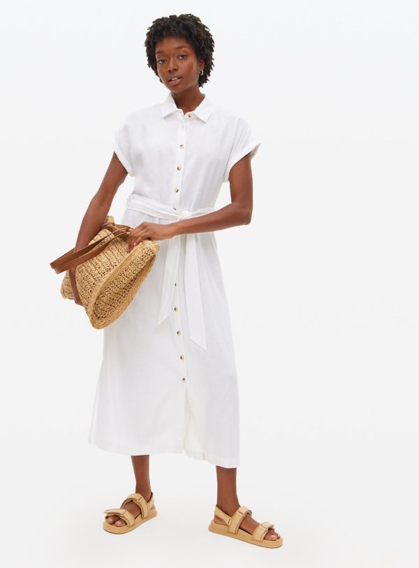 White Linen Blend Shirt Dress