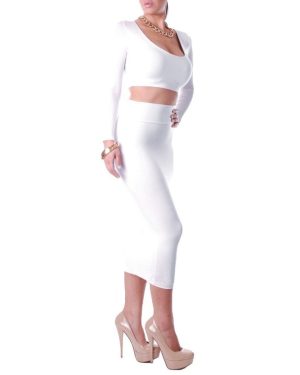 (White, M) Sexy Women Two Pieces Long Sleeve Bodycon Crop Top Pencil Skirt Dress Twin Set Party Clubwear