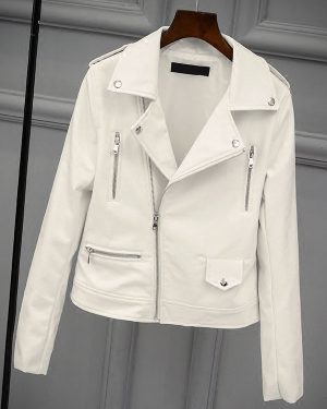 White Moto Jacket Turndown Collar Long Sleeve Women Boyfriend Leather Jacket Cozy Active Outerwear