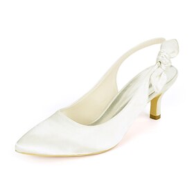 White Pointed Toe Slingback Heels with Bow Tie for Women - Elegant Bridal and Wedding Shoes
