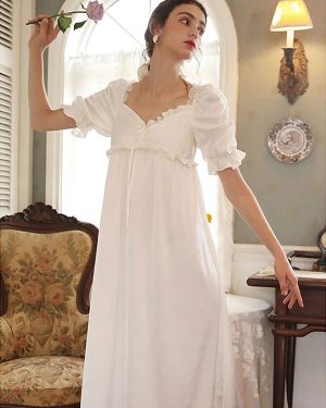 White Retro Empire Waist Dress Bridgerton Costumes Women Marie Antoinette Costume Polyester Shift Dress Vintage Vintage Clothing