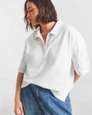 White SIMPLY BE Cutwork Sleeve Polo Top