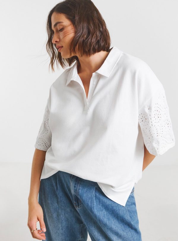 White SIMPLY BE Cutwork Sleeve Polo Top
