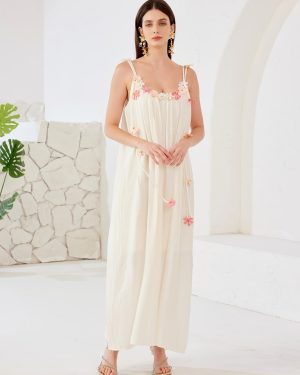 White Shift Dress 3D Flower Summer Beach Long Slip Dress For Women 2025