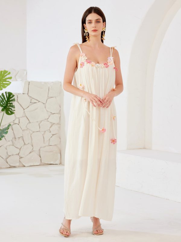 White Shift Dress 3D Flower Summer Beach Long Slip Dress For Women 2025