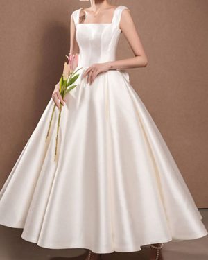 White Short Wedding Dress Square Neck Sleeveless A-Line Tea-Length Bridal Dresses Free Customization