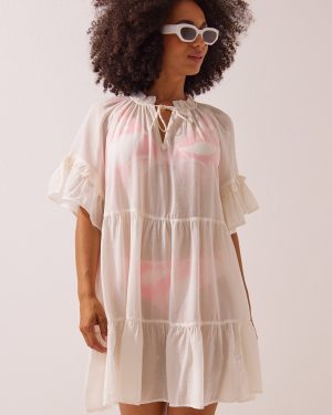 White Tie-Neck Beach Smock Dress