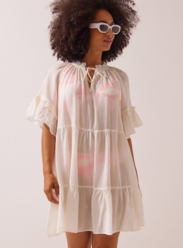 White Tie-Neck Beach Smock Dress