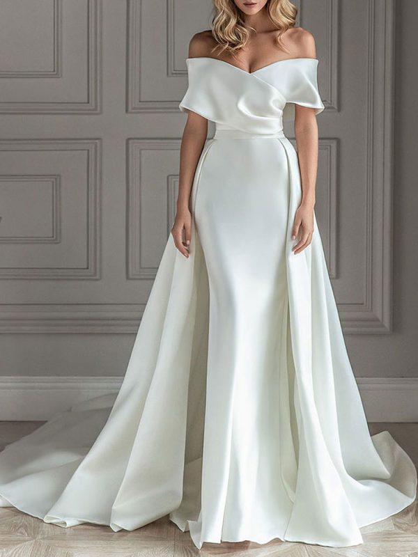 White Vintage Wedding Dress With Train Satin Off The Shoulder Wedding Dress Pleated Mermaid Bridal Gowns