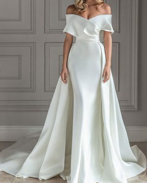 White Vintage Wedding Dress With Train Satin Off The Shoulder Wedding Dress Pleated Mermaid Bridal Gowns