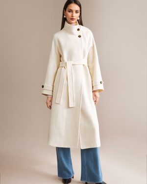 White Wool Cashmere Blend Coat Stand Collar Double-Faced Belted Winter Outerwear For Women 2025
