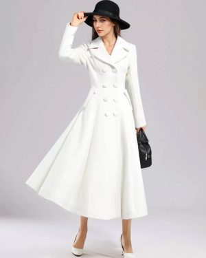 White Woolen Flared Coat For Woman Wide Lapel Double-breasted Winter A-line Midi Outerwear 2025