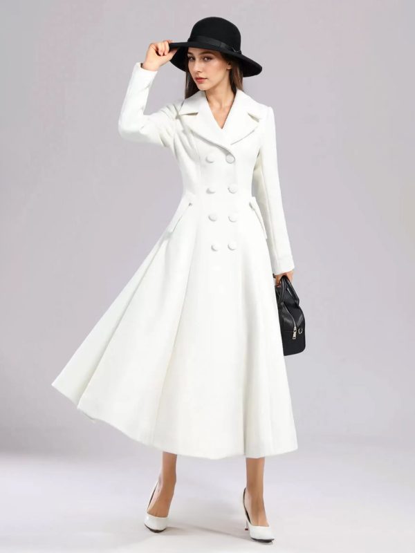 White Woolen Flared Coat For Woman Wide Lapel Double-breasted Winter A-line Midi Outerwear 2025