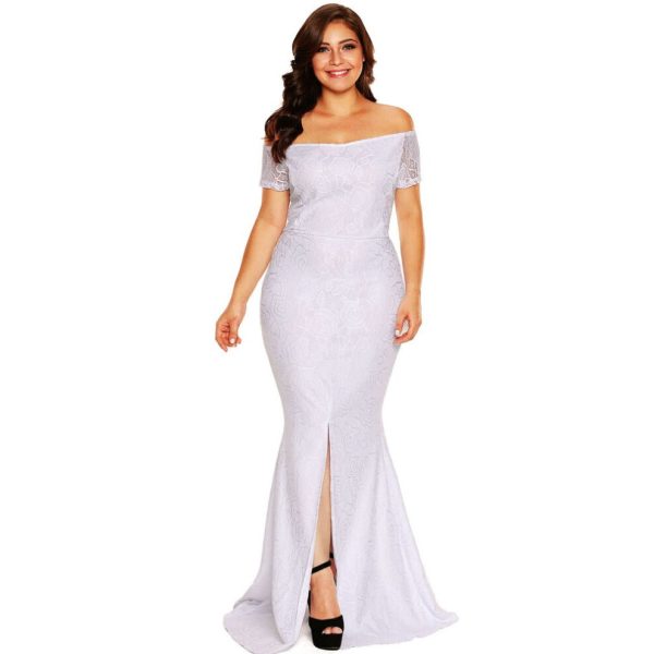 (White, XL) Women Maxi Off Shoulder Lace Dress Short Sleeves Split Hem Back Zipper Elegant Long Gown Plus Size