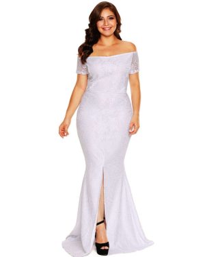 (White, XL) Women Maxi Off Shoulder Lace Dress Short Sleeves Split Hem Back Zipper Elegant Long Gown Plus Size