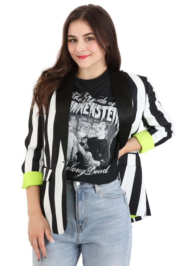 White and Black Stripe Women's Blazer | Beetlejuice Fancy Dress Costumes