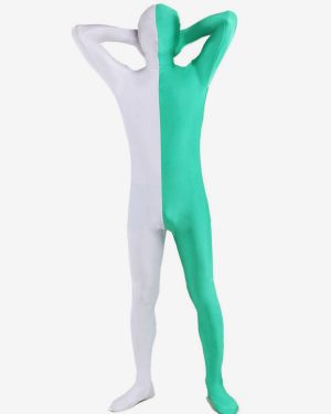 White and Green Two Tone Zentai Suit Full Body Lycra Spandex Bodysuit