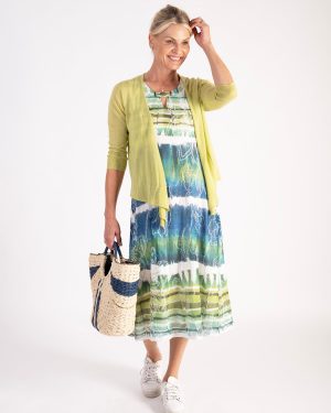 White/Lime Multi Stripes Mesh Cut-Out Detail Dress - Bold & Contemporary Style