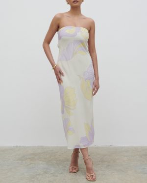 White/Pastel Purple Heather Bandeau Midaxi Dress