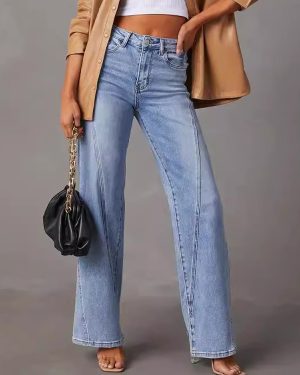 Wide Leg Jeans High Waist Patchwork Buttons Casual Women's Trousers
