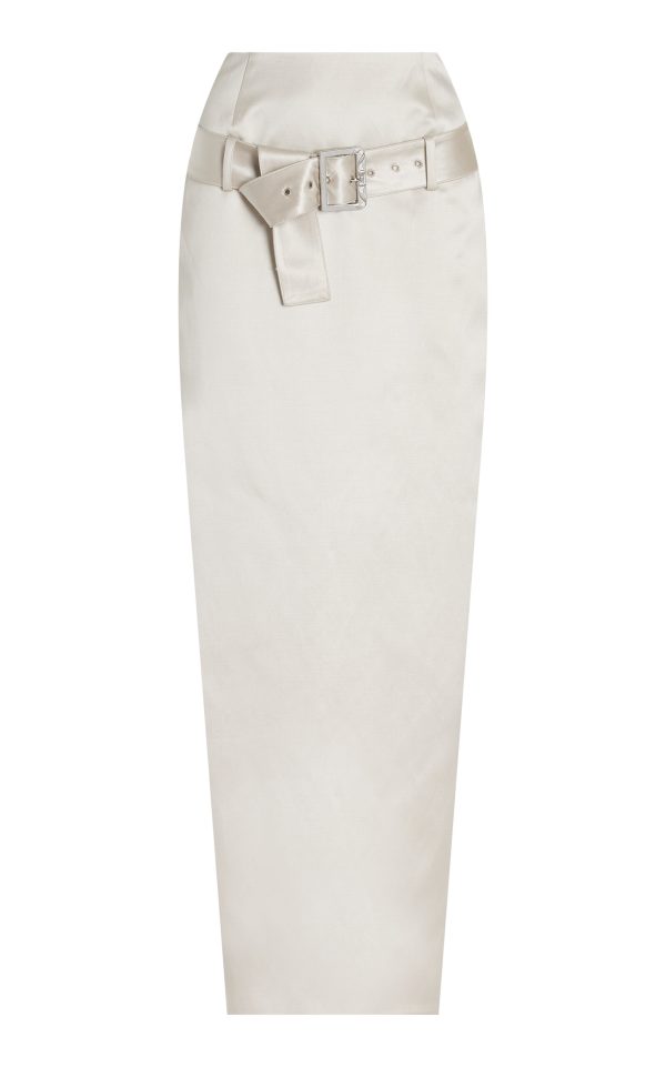 Wiederhoeft - Exclusive Belted Satin Midi Pencil Skirt - Light Grey - US 0 - Moda Operandi