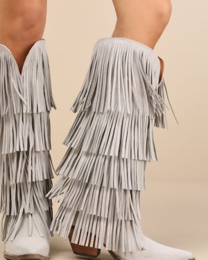 Wild Child White Suede Fringe Over-the-Knee Western Boots