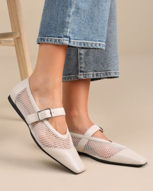 Wioletta Off White Leather Mesh Ballet Flats
