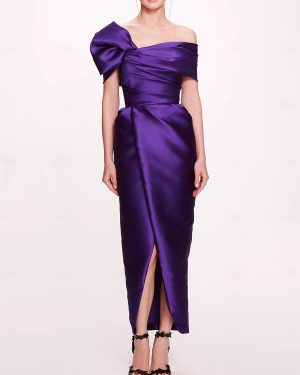 With Cocktail Dress Elegant Ankle-Length Sheath Off-The-Shoulder Pleated Satin Fabric