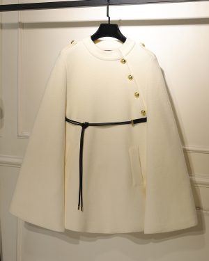 Woman Coat Jewel Neck Sash Elegant Layered White Wrap Coat
