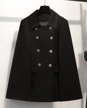 Woman Coat Turndown Collar Buttons Elegant Layered Black Wrap Coat