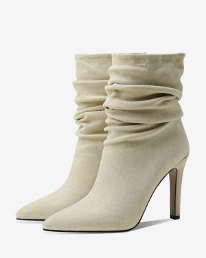 Woman Mid Calf Boots Ecru White Micro Suede Upper Pointed Toe Stiletto Heel Booties