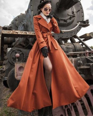 Woman Outerwear Orange Red V Neck Long Sleeves Sash Stretch Casual Maxi Coat