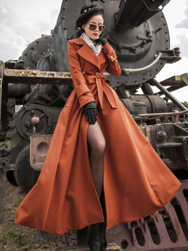 Woman Outerwear Orange Red V Neck Long Sleeves Sash Stretch Casual Maxi Coat