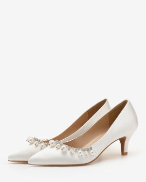 Woman's Mid-Low Heels Elegant Pointed Toe Kitten Heel Slip-On Pretty Pearls White Wedding Pumps & Heels