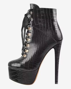 Women Ankle Boots Black Metal Details Booties PU Leather Round Toe Stiletto Heel