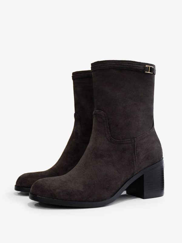 Women Ankle Boots Deep Brown Suede Round Toe Chunky Heel Booties