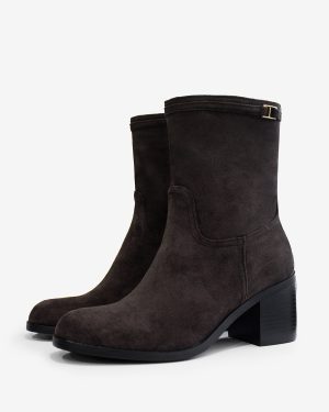 Women Ankle Boots Deep Brown Suede Round Toe Chunky Heel Booties