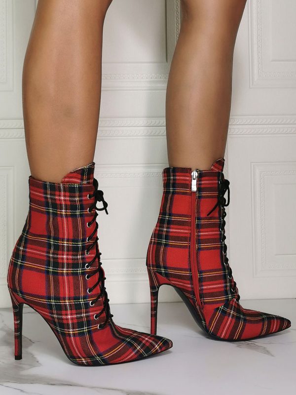 Women Ankle Boots Red Canvas Pointed Toe Stiletto Heel Sky High Houndstooth Booties
