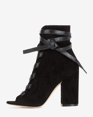 Women Ankle Boots Suede Black Open Toe Chunky Heel Lace Up Booties