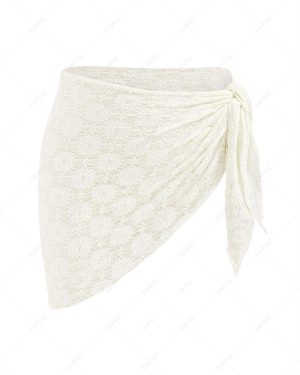 Women Beach ZAFUL Women's Sexy Beach Vacation Floral Pattern Lace Semi Sheer Tie Side Sarong Style Swim Cover Up Skirt Beige