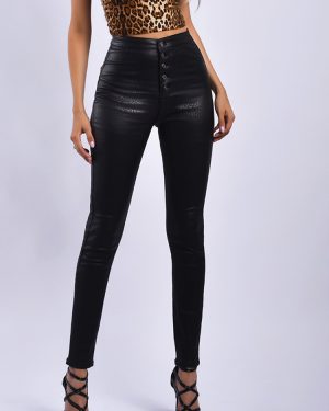 Women Black Leggings Leather Like High Waisted Button Skinny Leggings