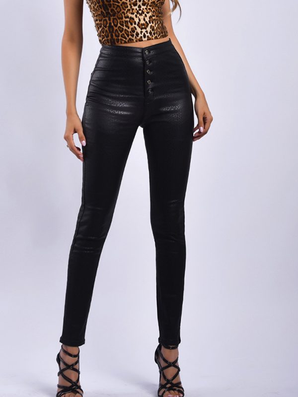 Women Black Leggings Leather Like High Waisted Button Skinny Leggings