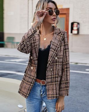 Women Blazer Fashion Turndown Collar Long Sleeves Coffee Brown Plaid Shacket
